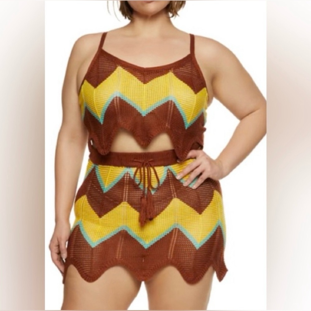 NWT Almost Famous 2 Pc Set Sz L Crochet Bathing Suit Swim CoverUp Crop Top Skirt